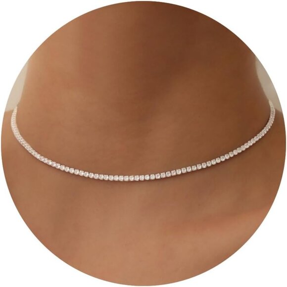 Tennis Necklace Brass 2.5mm 3mm 4mm Cubic Zirconia Dainty Bridal Jewelry - Picture 1 of 6